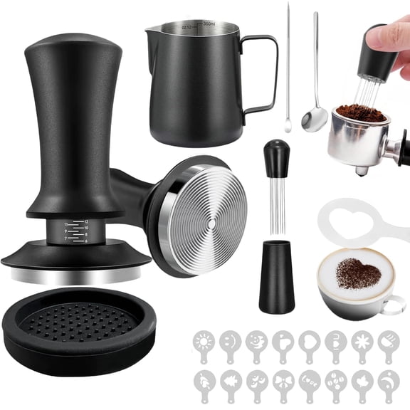 Coffee Tamper Set, 22 PCS Espresso Accessories set with 51mm Coffee Tamperand WDT tool, Barista Tool with Frothing Pitcher, Latte Art Pen, Coffee Stirrer, Tamper Mat, 16 Coffee Stencils,Black