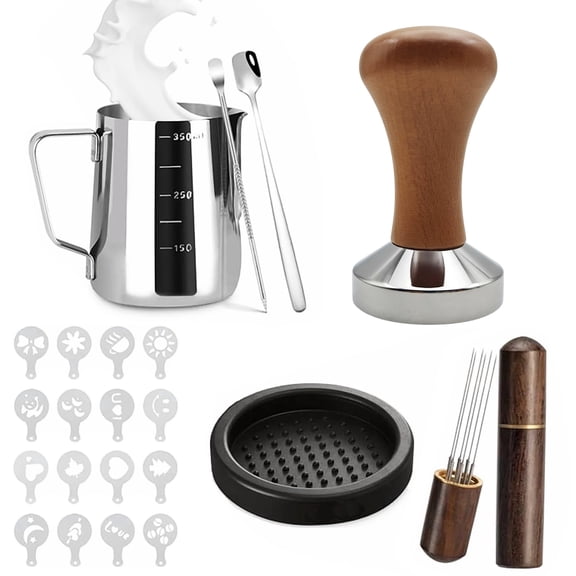 Coffee Tamper Set,Espresso Accessories Kit with Coffee Tamper, Milk Frothing Pitcher, WDT Tool Espresso, Tamper Mat,Coffee Stencils