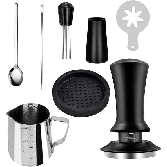 Coffee Tampering Tool Kit, Adjustable Pressure Coffee Tamper with Milk Frothing Pitcher, Distributor, WDT Tool, Silicone Mat & Barista Accessories, Complete Espresso Making Tools for Home Barista Caf