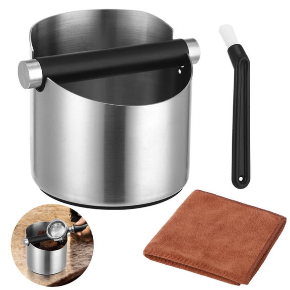 Coffee Knock Box Set, Stainless Steel Espresso Knock Box with Removable Knock Bar for Home, Cafe, Includes Cleaning Brush and Wiping Cloth, 4.4 x 4.4 x 4.5 in