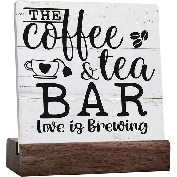 The Coffee And Tea Bar Love Is Brewing Ceramic Table Sign Desk Decor,Rustic Wooden Sign Decorations For Home Kitchen Office Coffee And Tea Bar Wall Tabletop Shelf Decor