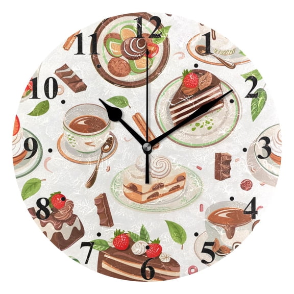 Coffee Tea Cups Cakes Leaves Black 10 inch Wall Clocks Non Ticking Easy to Read Battery Decorative for Home Bathroom Kitchen Bedroom Living Room