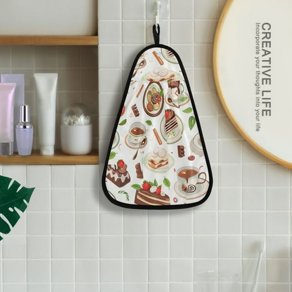 Coffee Tea Cups Cakes Leaves Hanging Towel Kitchen Hand Towel Bathroom Absorbent Towel Machine Washable Quick Dry Dishcloths