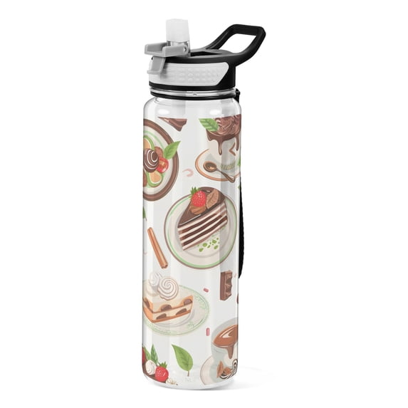 Coffee Tea Cups Cakes Leaves Sports Water Bottle Portable Travel Mug 32oz BPA Free Leak Proof Straw Transparent Tritan for Gym Yoga Cycling Camping