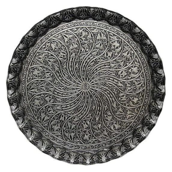 Coffee Tea Serving Tray - Vintage Round Ottoman Tray Antique Silver - Decorative Metal Tray for Beverages, Food, Gifts - Home, Office, Hotel Use