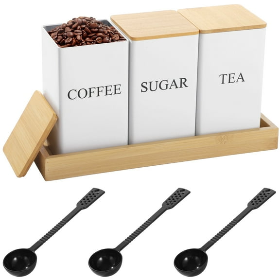 Coffee Tea Sugar Canister and Tray Set, Metal Container with Airtight Wooden Lid, Kitchen Counter Storage Organizer Set, Farmhouse Drink Station Decor, Includes 3 Plastic Scoops