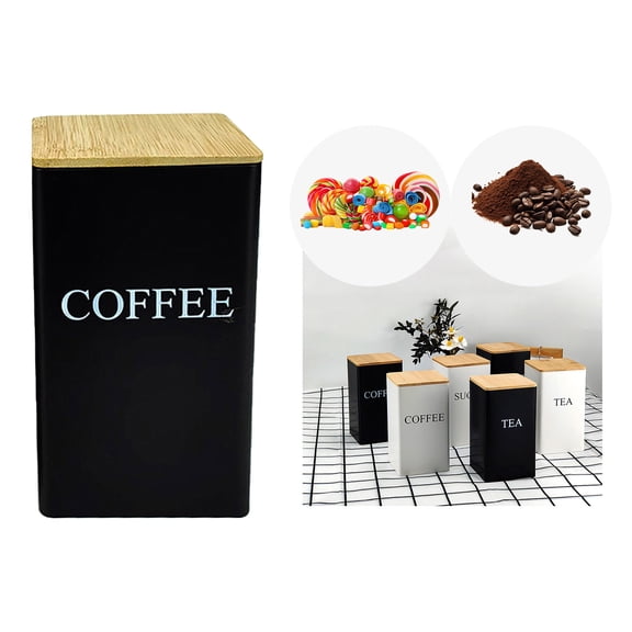 Coffee Tea Sugar Container ,Iron Storage Tin with Lid, Square Airtight Food Container Jars for Farmhouse Kitchen Dining Room Countertop Decor--Black(coffee)