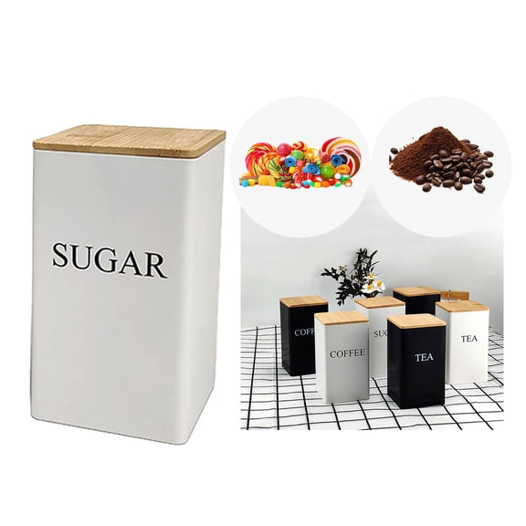 Coffee Tea Sugar Container ,Iron Storage Tin with Lid, Square Airtight Food Container Jars for Farmhouse Kitchen Dining Room Countertop Decor--White(sugar)