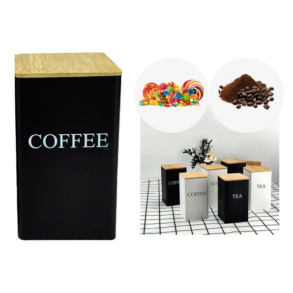 Coffee Tea Sugar Container, Metal Vintage Kitchen Canister Set with Airtight Lids, Food Storage Container Jars, for Kitchen Counter Dining Room Farm House Drink Station Organizer(Black-Coffee)