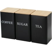 Coffee Tea Sugar Container Set of 3 Iron Tea Coffee Sugar Canister Set with Airtight Bamboo Lid and Name Marker Simple Square Black Coffee Tea Sugar Container Set