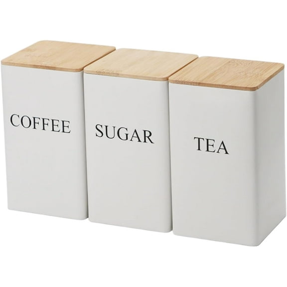 Coffee Tea Sugar Container Set of 3 Iron Tea Coffee Sugar Canister Set with Airtight Bamboo Lid and Name Marker Simple Square White Coffee Tea Sugar Container Set