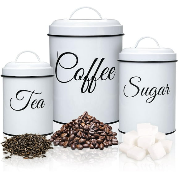 Coffee Tea Sugar Containers for Countertop, 3-Piece Stainless Steel Kitchen Canisters Set, Sugar Jar Coffee Jar with Lids for Fresher Goods, White Farmhouse Kitchen Decor