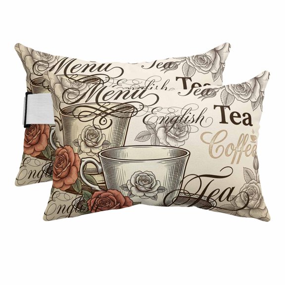 Coffee Tea Time Outdoor Pillows for Chaise Lounge Chair Beach Headrest Pillow Set of 2 Waterproof Lumbar Pillows with Insert&Adjustable Strap Vintage Cup Roses Floral Beige Pool Pillow 12"x20"