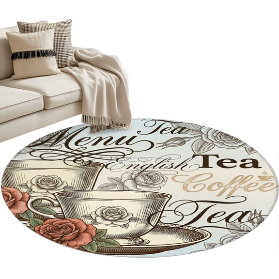 Coffee Tea Time Round Rug 3ft Washable Circle Entryway Rugs Non Slip Vintage Cup Roses Floral Blue Ombre Area Rug Indoor Floor Carpet for Bedroom Kitchen Living Room Home Office Dining Room Nursery
