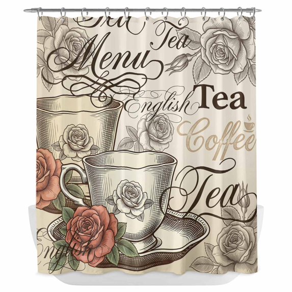 Coffee Tea Time Shower Curtain - Water Repellent Fabric Shower Curtains Washable, Vintage Cup Roses Floral Beige Decorative Polyester Cloth Bathroom Curtains Modern Bath Decor 72"x72"