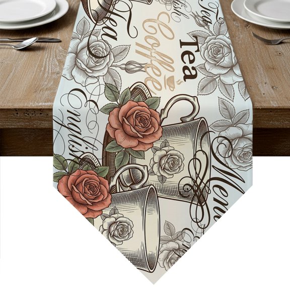Coffee Tea Time Table Runner Linen Burlap Table Runner 48 Inches Long Vintage Cup Roses Floral Blue Ombre Dresser Scarves for Kitchen Island Coffee Dining Room Party Wedding Holiday Decor 13"x48"