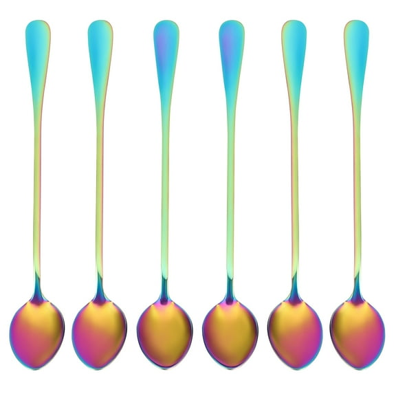 Coffee Teaspoons, Set of 6 Rainbow Color Spoon Long-Handle Ice Cream Desert Cocktail Stir Spoons Mixing Spoon, Pointed Head