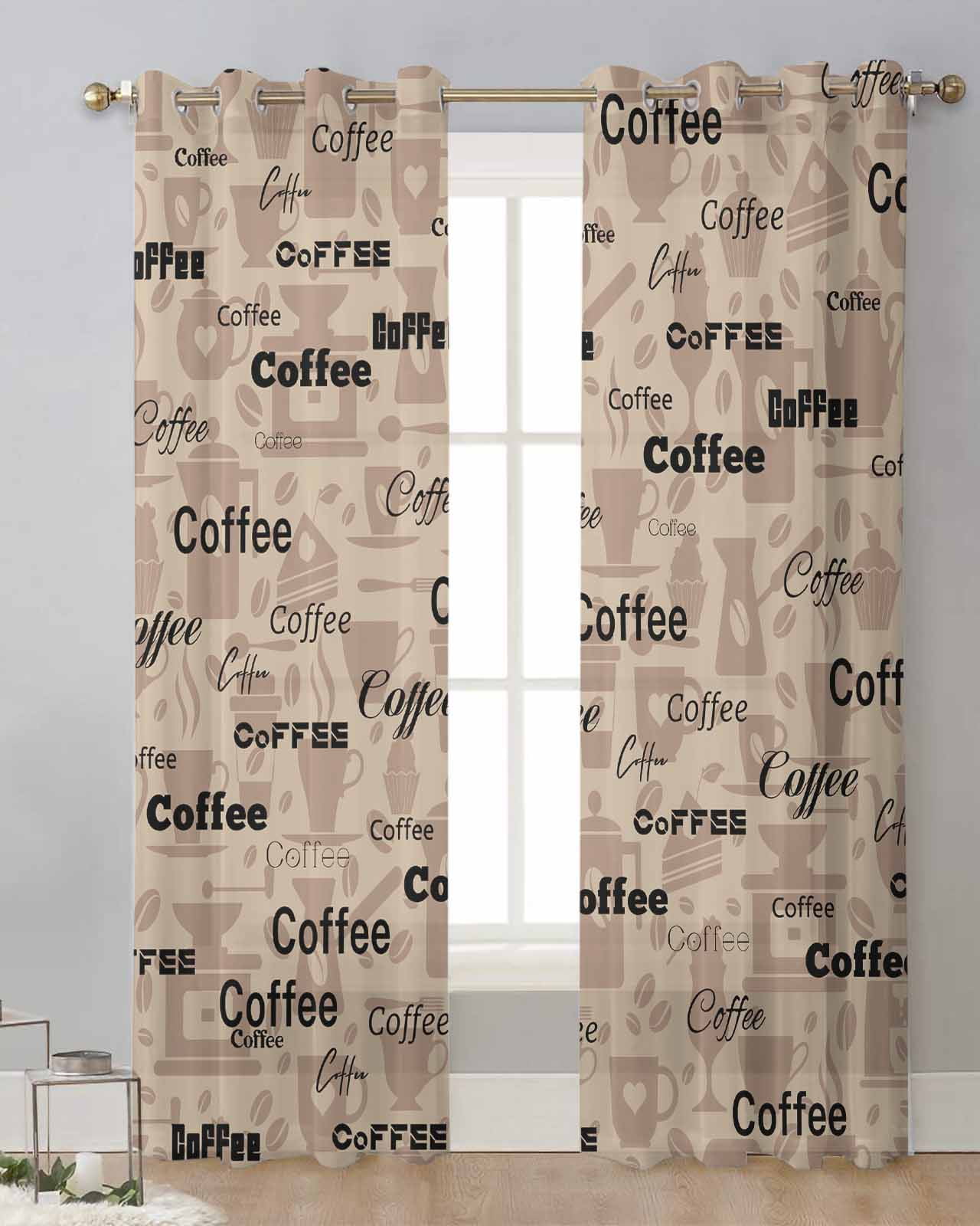 Coffee Text Pattern Modern Tulle Curtains Voile Drapes Sheer Window