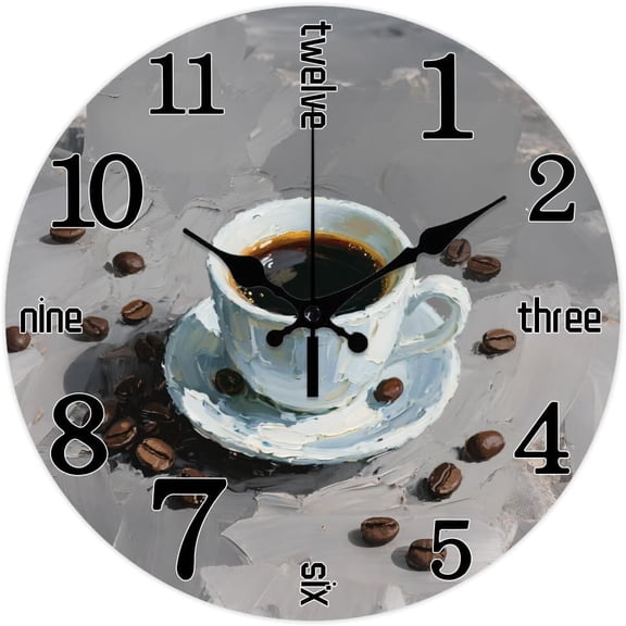 Coffee Text Pattern Wall Clock 12 Inch Non-Ticking Coffee Beans Clocks Round Wall Hanging Clock Battery Operated for DIY Bedroom Living Room Kitchen Office