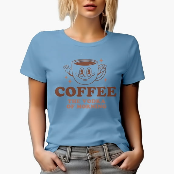 Coffee, The Vodka of Morning Quote with a Cup, Retro Art Merch Gift, Baby Blue T-Shirt, Small