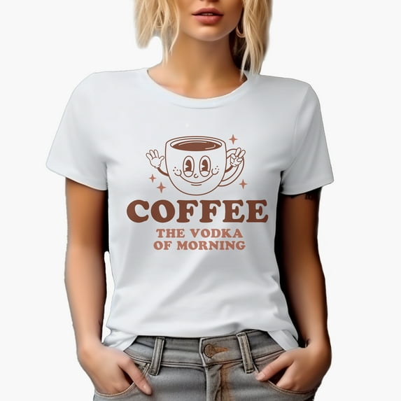 Coffee, The Vodka of Morning Quote with a Cup, Retro Art Merch Gift, White T-Shirt, XL