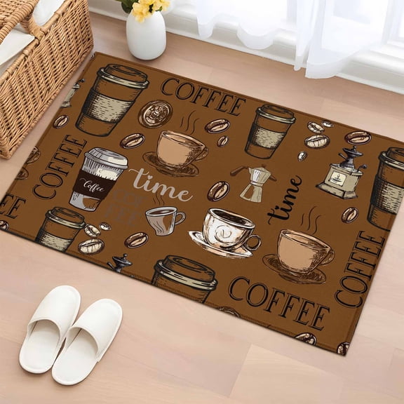 Coffee Theme 2'x3' Washable Rug, Funny Brown Vintage Beans Latte Tea Cup Non-Slip Soft Doormat Area Rugs for Entrance Bathroom Bedsides, Front Doormat Carpet for Kitchen Bedroom, Entryway Floor Mat
