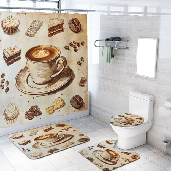 Coffee Theme 4 Pcs Shower Curtain Set Cafe Beans Cake with 12 Hooks, Bath Mat Set Bathroom Decor by Durable Waterproof Fabric, 72x72 Inch