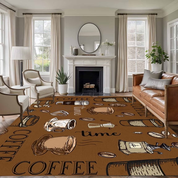 Coffee Theme 6'x9' Area Rug for Living Room, Funny Brown Vintage Beans Latte Tea Cup Non-Slip Floor Mat Rugs for Bedroom Dining Room, Indoor Large Carpet for Classroom, Nursery Rugs for Playroom