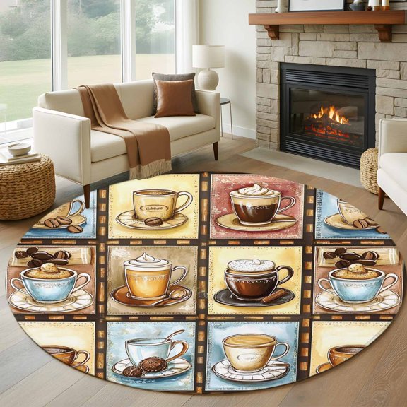 Coffee Theme 8FT Round Area Rugs for Living Room Retro Colorful Coffee Cups Beans Plaid Ultra-Thin Non-Slip Round Rugs Machine Washable Low Pile Circle Carpet for Bedroom Kitchen Nursery