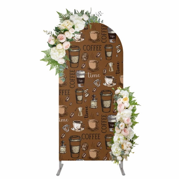 Coffee Theme Arch Backdrop Cover 4FT, Funny Brown Vintage Beans Latte Tea Cup Spandex Fitted Stretchy Arch Stand Covers, Round Top Chiara Backdrop Cover for Wedding Party Birthday Baby Shower