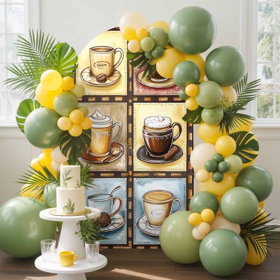 Coffee Theme Arch Backdrop Cover, 4FT, Retro Colorful Coffee Cups Beans Plaid Spandex Arch Covers Double-Sided Backdrop for Wedding Birthday Party Photo Background Decoration