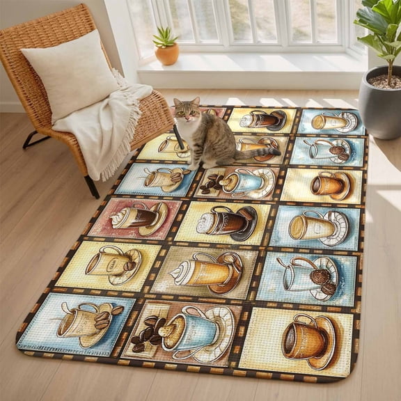 Coffee Theme Area Rugs for Living Room 5x6, Retro Colorful Coffee Cups Beans Plaid Washable Area Rug with Non Slip Backing, Stain Resist Linen Carpet for Bedroom, Dining Room, Entryway, Entrance