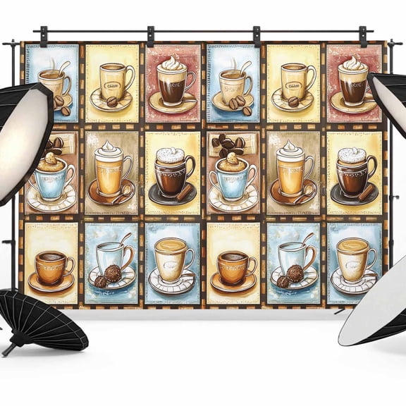 Coffee Theme Backdrop for Photography, Retro Colorful Coffee Cups Beans Plaid Photo Backdrop Portrait Background Party Banner Photo Backgrounds for Studio Booth Props, 7x5ft