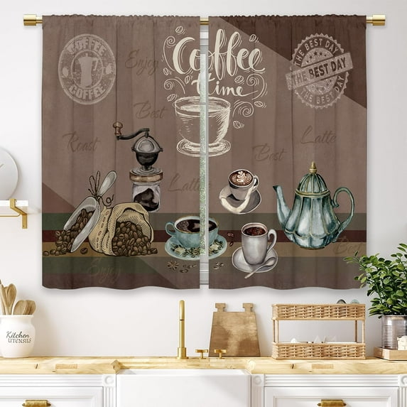 Coffee Theme Brown Kitchen Curtains Country Vintage Rustic Modern Latte Small Short Cafe Window Curtains Farmhouse Retro Bathroom Window Drapes Treatment Tier Curtains 2 Panels (27.5x39 Inch)