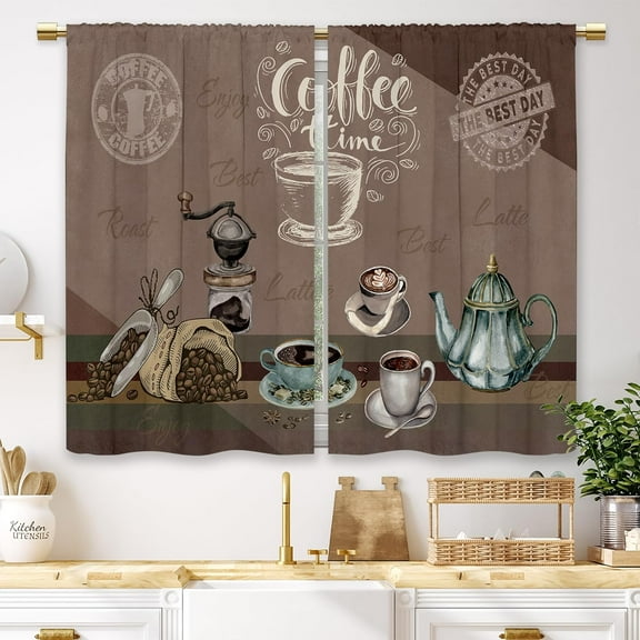 Coffee Theme Brown Kitchen Curtains Country Vintage Rustic Modern Latte Small Short Cafe Window Curtains Farmhouse Retro Bathroom Window Drapes Treatment Tier Curtains 2 Panels (27.5x39 Inch)