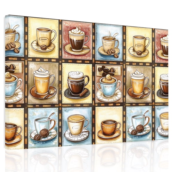 Coffee Theme Canvas Print Wall Art, Retro Colorful Coffee Cups Beans Plaid Wall Decor Modern Artwork Paintings Pictures for Living Room Framed and Stretched Ready to Hang, 24" x 32"