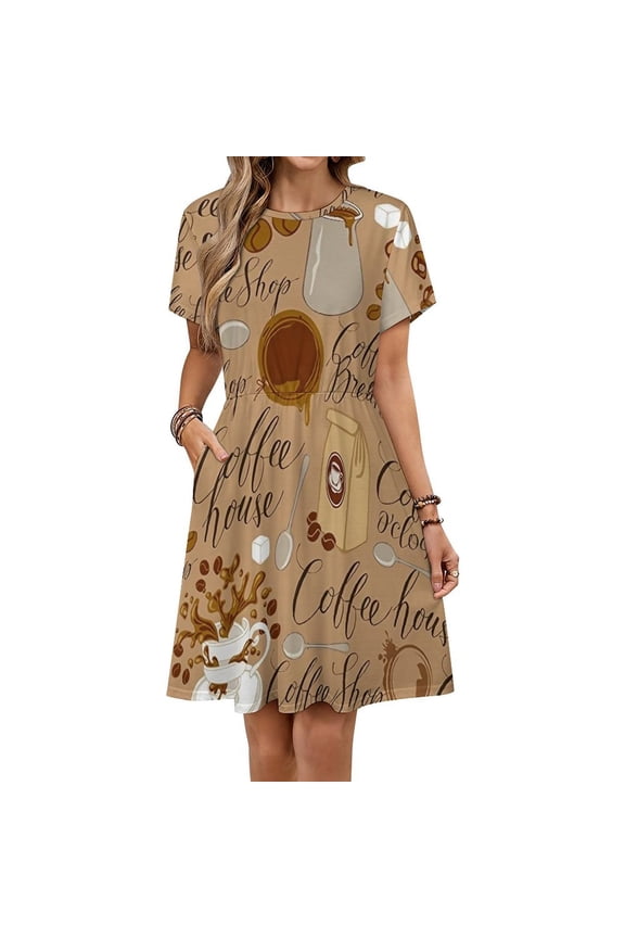 Coffee Theme Coffee Beans Cup Coffee Dress Fashion Beach Short Sleeve Dresses Female Party Printed Sundress