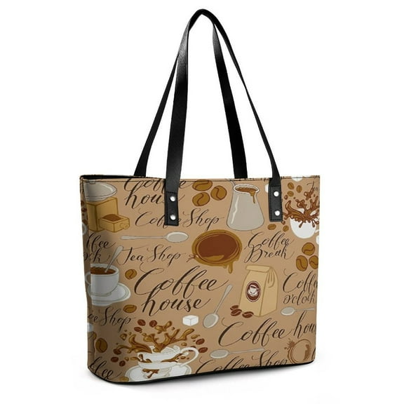 Coffee Theme Coffee Beans Cup Coffee Woman Leather Handbags Large Tote Bag Fashion Portable Handbags With Zipper