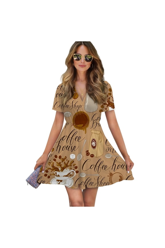 Coffee Theme Coffee Beans Cup Coffee Women Dress V-Neck Short Sleeve Flowy Swing Party Midi Dress
