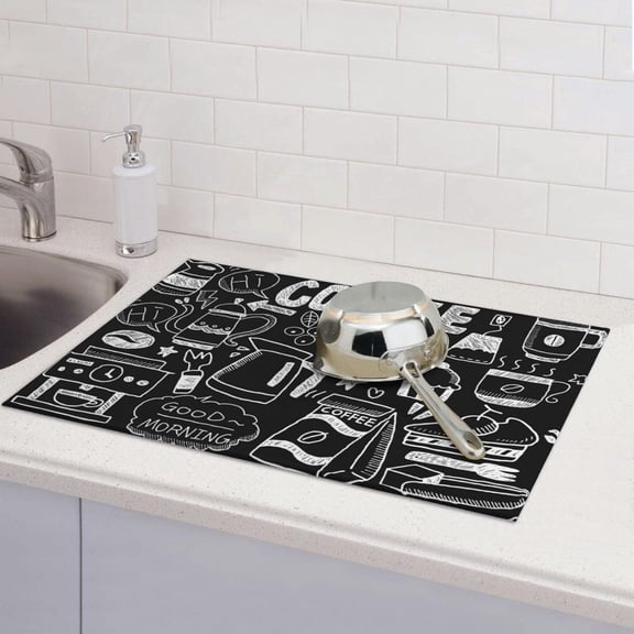 Coffee Theme Dish Drying Mat, Absorbent Microfiber Reversible Mats for Kitchen Counter, 18x24 Inch