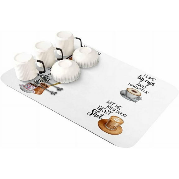 Coffee Theme Dish Drying Mat for Kitchen Counter, Super Absorbent Quick Dry Coffee Bar Mat Pad Thin Diatomaceous Sink Mat Non Slip Dish Drainer Mat 16''''x18'''' Farmhouse Brown Coffee