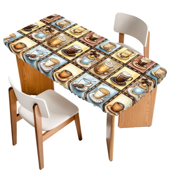 Coffee Theme Fitted Rectangle Tablecloth 24" x 50" Retro Colorful Coffee Cups Beans Plaid Elastic Table Cloth Fits for 4 Foot Folding Tables Waterproof Table Cover for Picnic Camping Outdoor