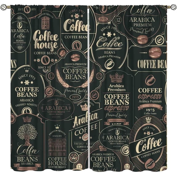 Coffee Theme Kitchen Curtains,Rod Pocket Rustic Vintage Latte Cappuccino Cafe Curtains Farmhouse Cafe Beans Drink Decor Modern Small Short Window Drapes Fabric Set 2 Panels 55 x 39 Inch
