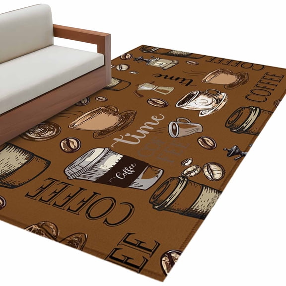 Coffee Theme Large Area Rugs for Bedroom Living Room, Non Slip Carpet Bedside Rug, Funny Brown Vintage Beans Latte Tea Cup Rectangular Floor Cover Kitchen Accent Rug 2.7'x5' for Dining Room/Office