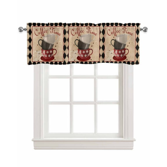 Coffee Theme Linen Curtain Valance for Bedroom/Bathroom/Kitchen/Office/Living/Dining Room Windows,Retro Plaid Coffee Cup Coffee Beans Rod Pocket Topper Drapes Decorative Cafe Drapery Panel 54x18