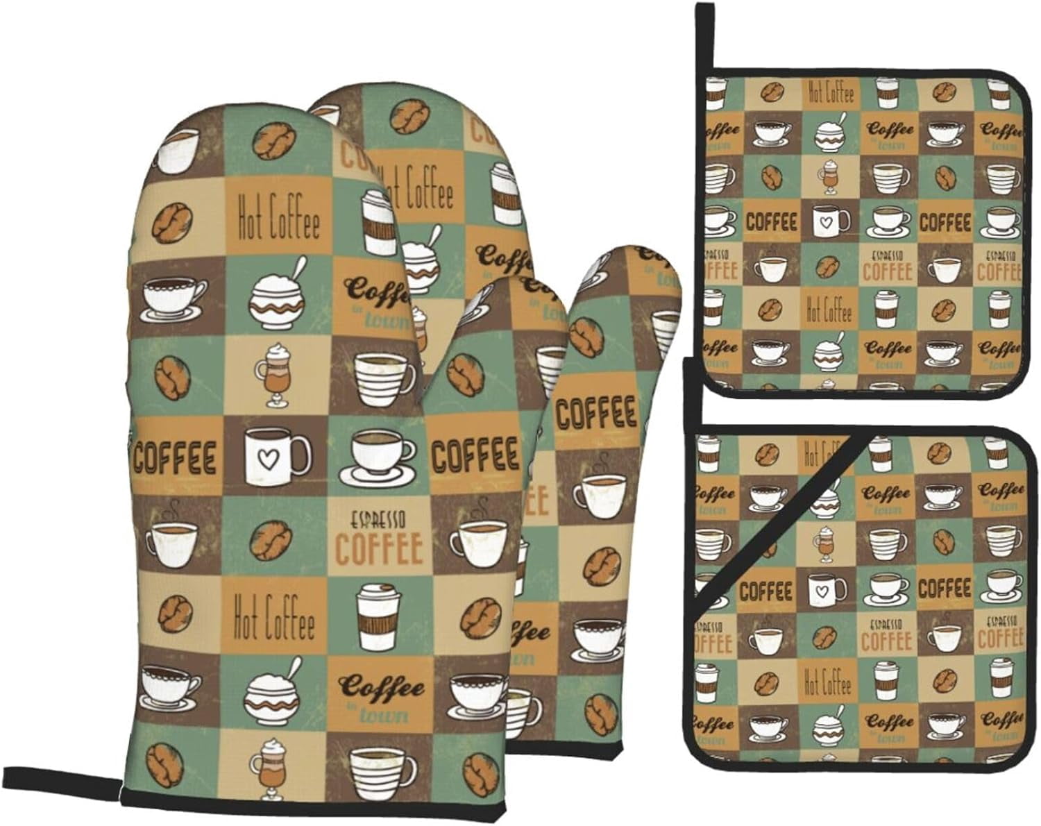 Coffee Theme Oven Mitts Pot Holders Set of 4, Kitchen Gloves Potholders Heat Resistant for Chef Baking Cooking Grilling BBQ