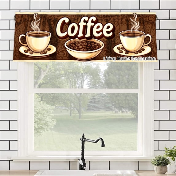 Coffee Theme Rod Pocket Polyester kitchen Curtain Valances for Windows For Indoor Living Room Bedroom Kitchen Decoration 54x18 inch
