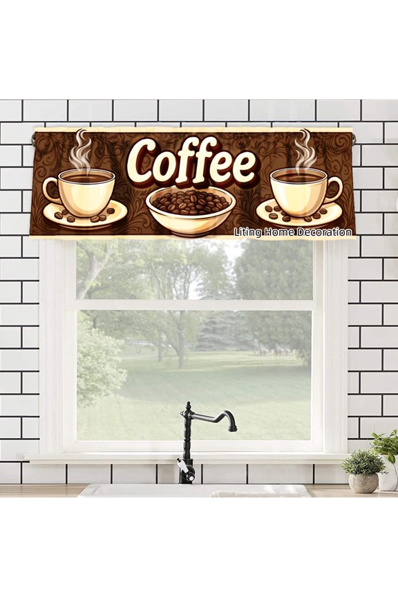 Coffee Theme Rod Pocket Polyester kitchen Curtain Valances for Windows For Indoor Living Room Bedroom Kitchen Decoration 54x18 inch