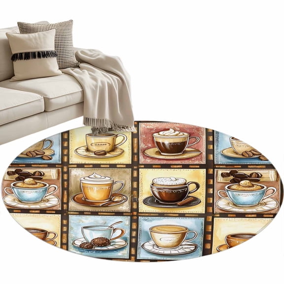 Coffee Theme Round Area&nbsp;Rug 3ft Retro Colorful Coffee Cups Beans Plaid Non-Slip&nbsp;Washable Circle Rugs Soft Felt Indoor Floor Mat for Bedroom Kitchen Living Room Bathroom