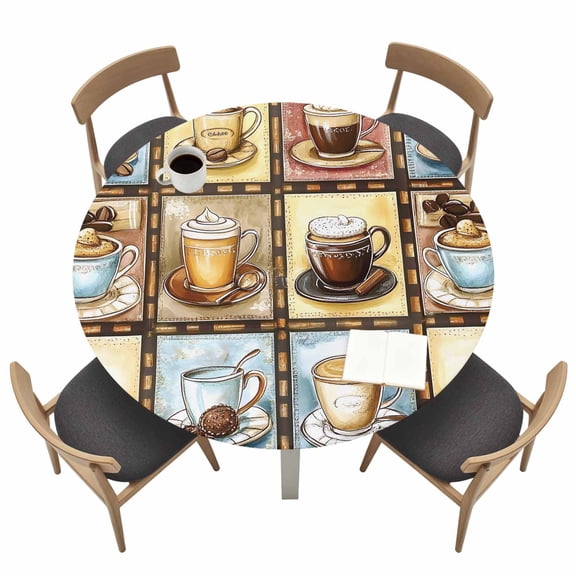 Coffee Theme Round Fitted Tablecloth with Elastic Edge Retro Colorful Coffee Cups Beans Plaid Table Cover Fit for 36"-44" Tables Waterproof Tablecloths for Dinner Camping Picnic